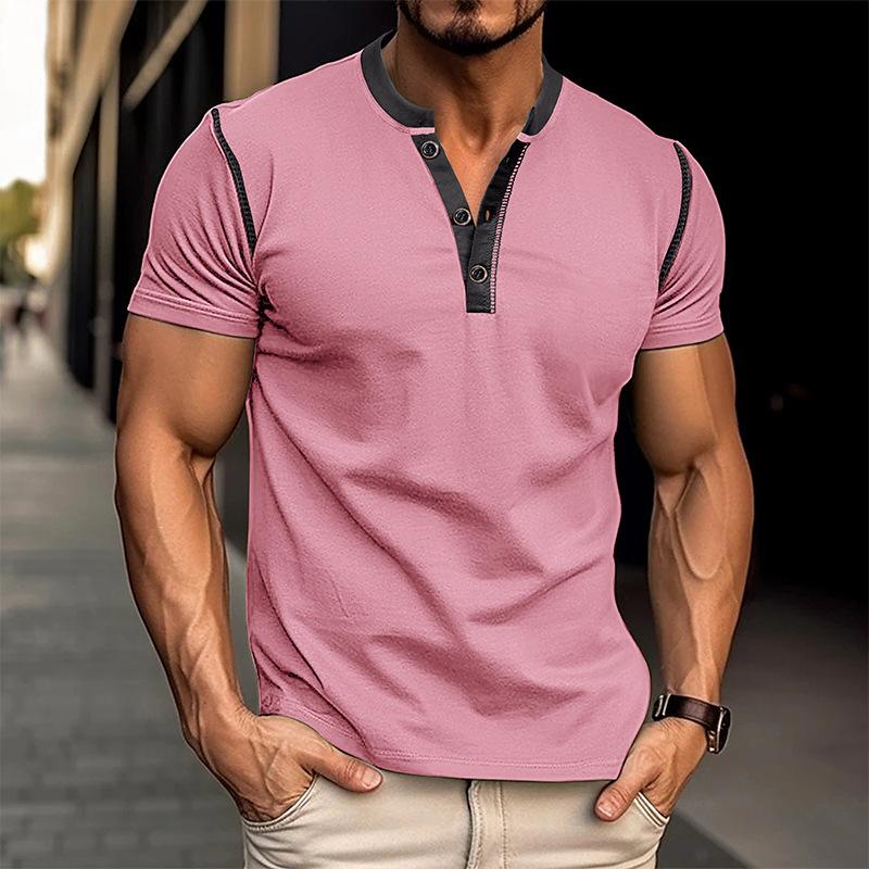 Fashion Short-sleeved Polo Shirt Summer Button V-neck T-shirt Tops Mens Clothing 14