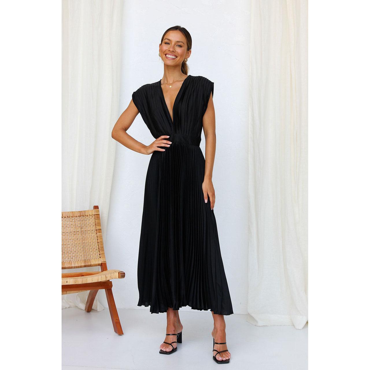 Summer V-neck Pleated Dress INS Fashion Casual Loose Zip Sleeveless Dresses For Women Clothing