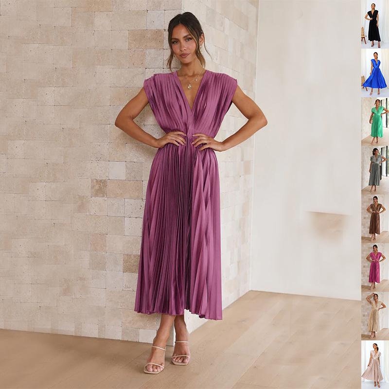 Summer V-neck Pleated Dress INS Fashion Casual Loose Zip Sleeveless Dresses For Women Clothing